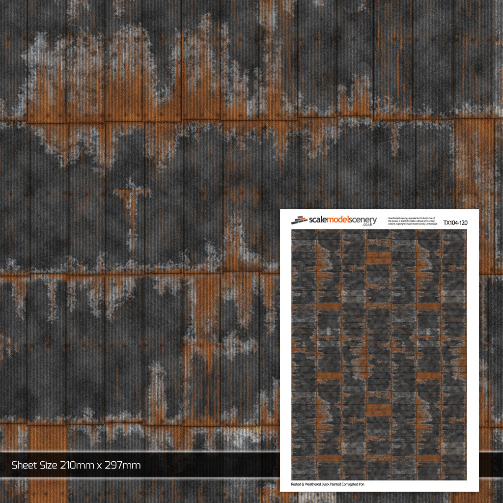 TX104-120 Rusty Black Painted & Weathered Corrugated Iron Texture Paper (Pack of 5) - TT:120 Scale