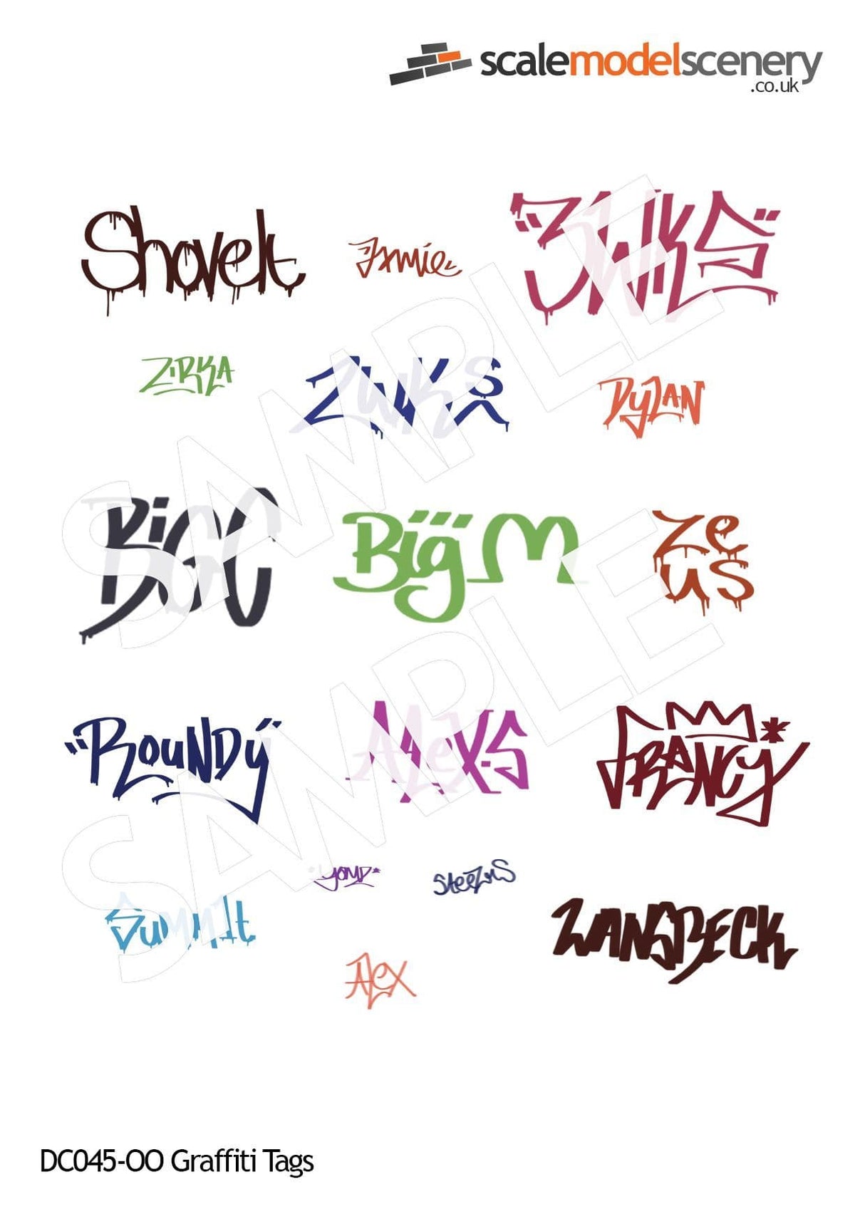 DC045-OO Coloured Graffiti Tag Decals - OO/4mm/1:76