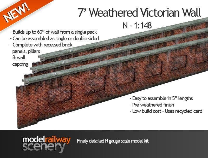 KX006-N 7' Victorian Red Brick Lineside Weathered Wall N/2mm/1:148