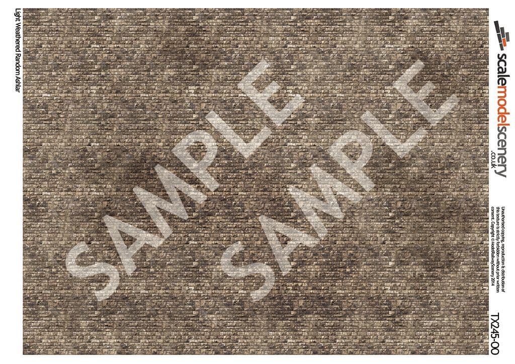 TX245-OO Light Weathered Random Ashlar Brick Texture Paper (Pack of 5) - OO/4mm/1:76
