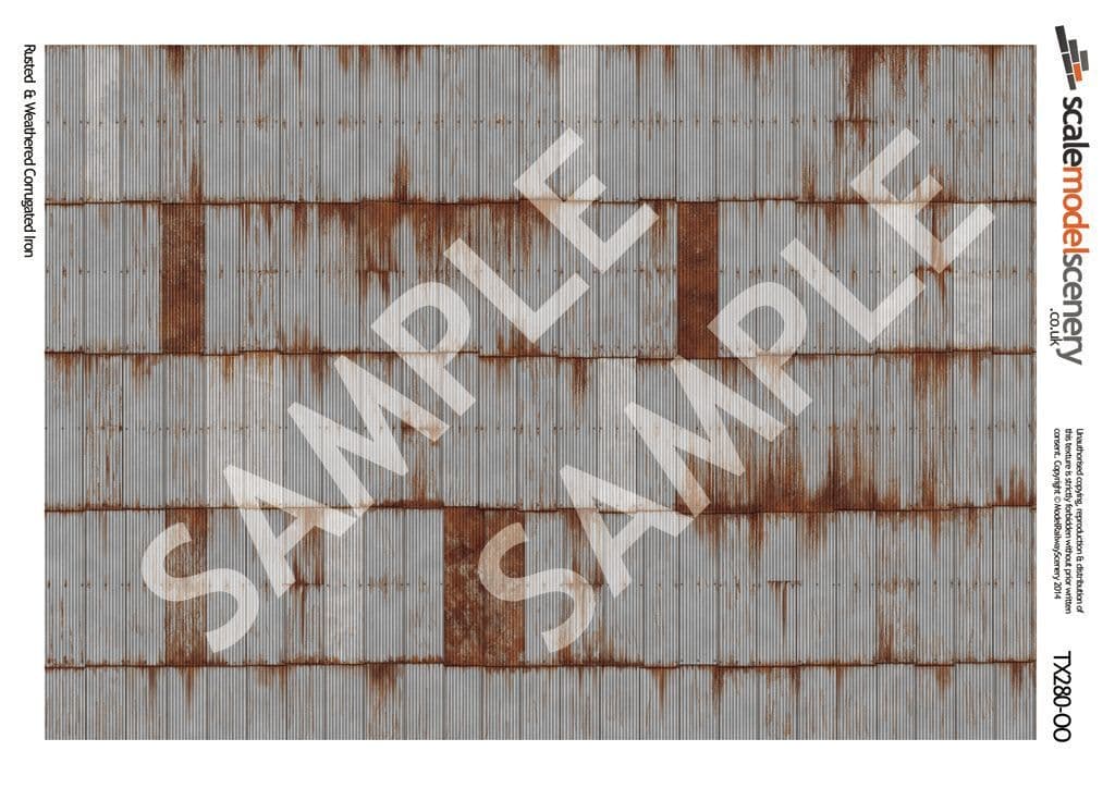 TX280-OO Rusty & Weathered Corrugated Iron Texture Paper (Pack of 5) - OO/4mm/1:76