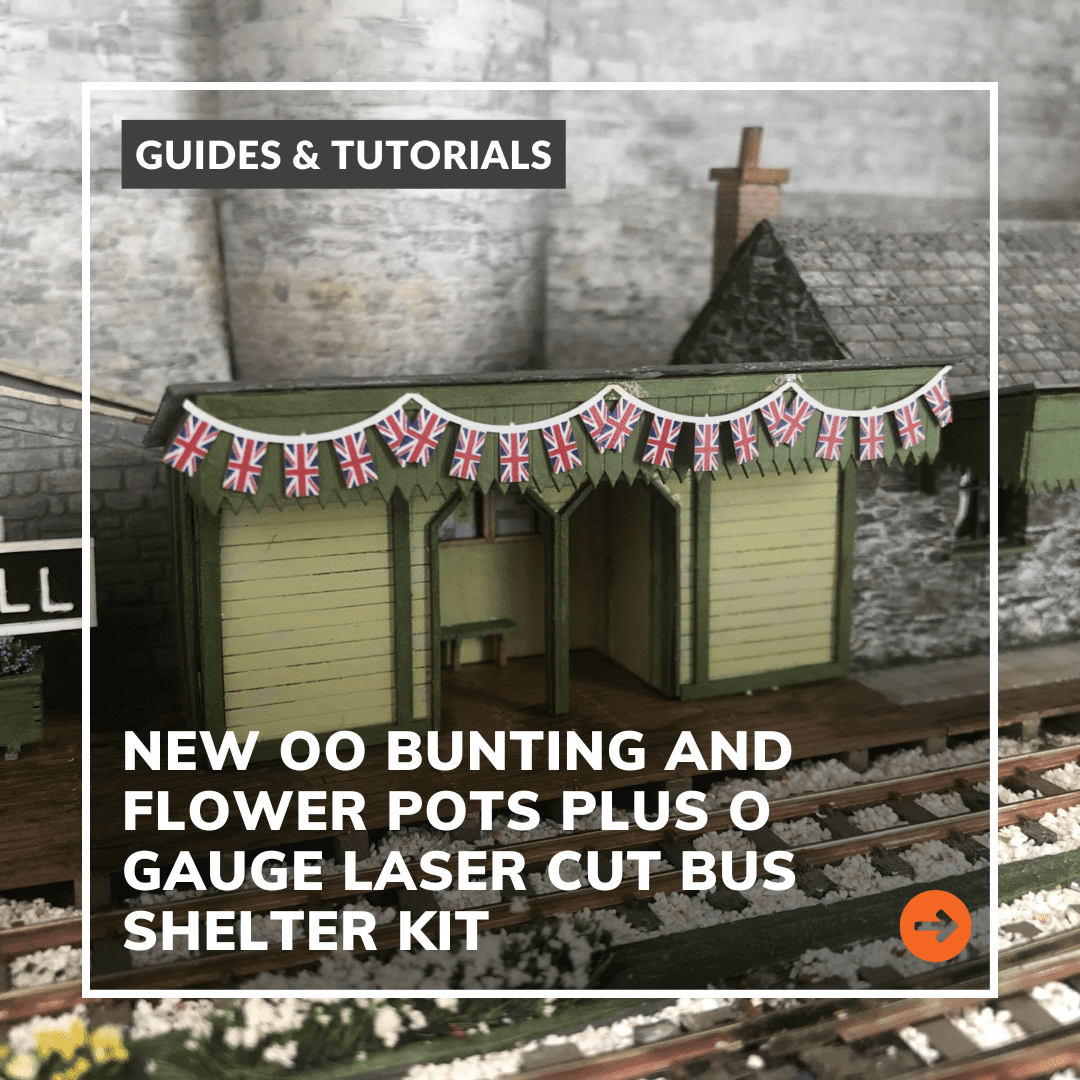 New OO Bunting & Flower Pots Plus O Gauge Laser Cut Bus Shelter Kit