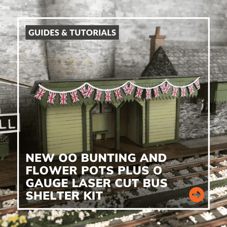 New OO Bunting & Flower Pots Plus O Gauge Laser Cut Bus Shelter Kit