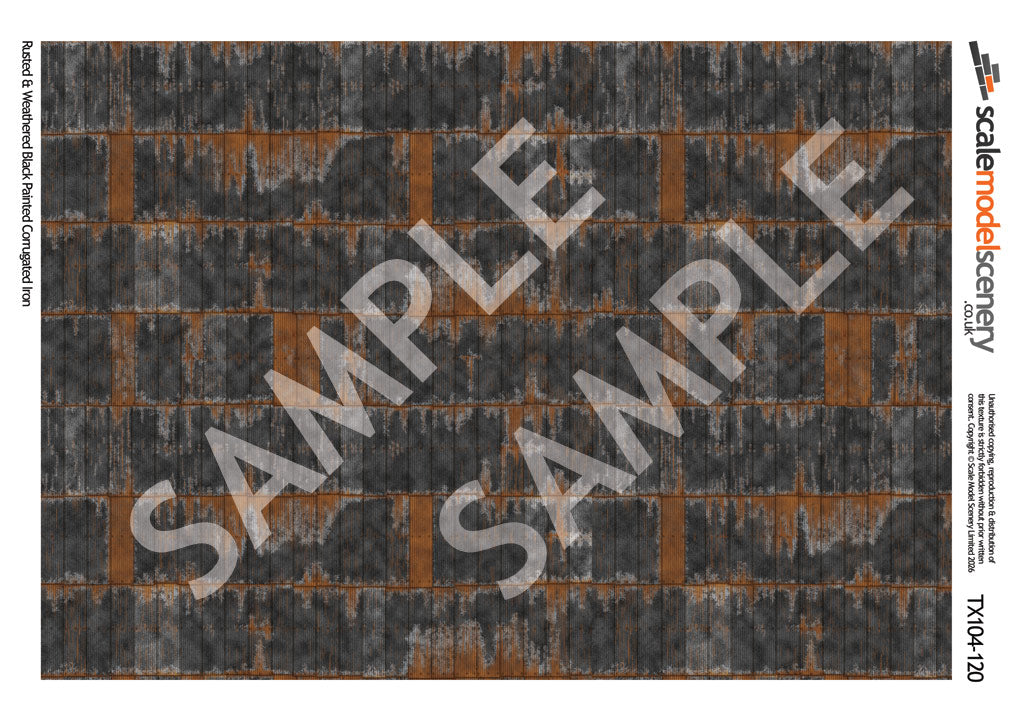 TX104-120 Rusty Black Painted & Weathered Corrugated Iron Texture Paper (Pack of 5) - TT:120 Scale