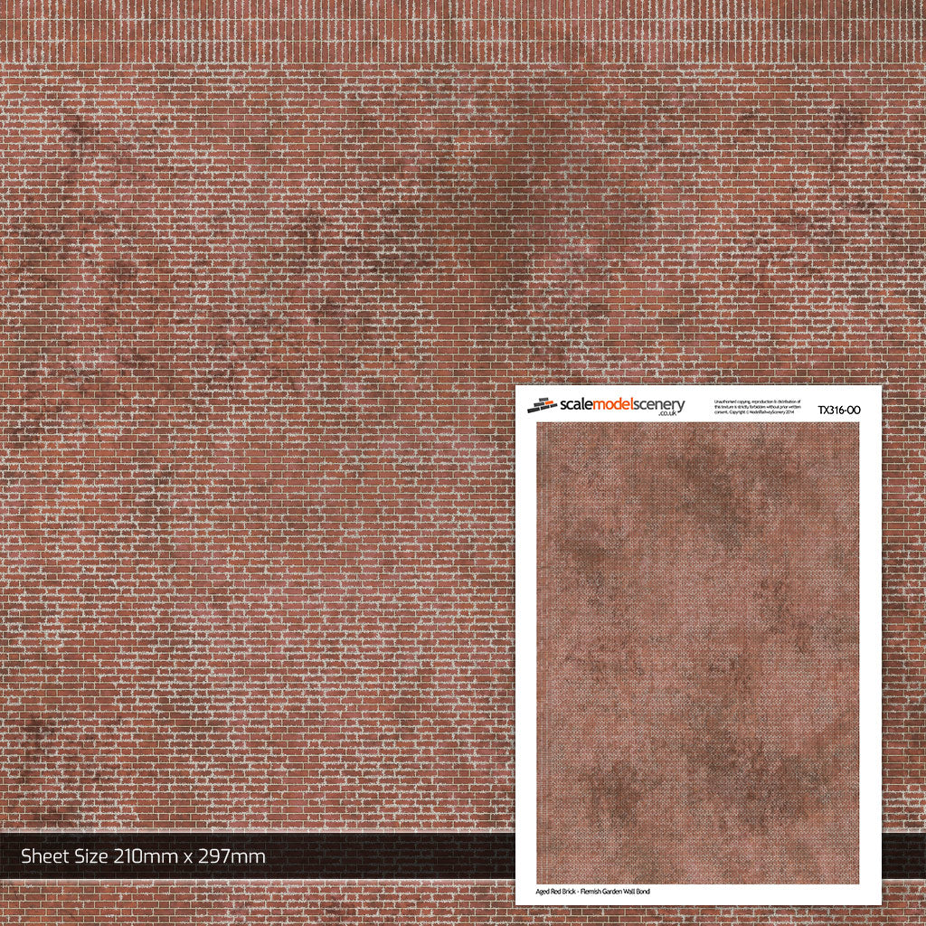 TX316-OO Aged Flemish Garden Wall Bond Red Brick Paper (Pack of 5) - OO/4mm/1:76