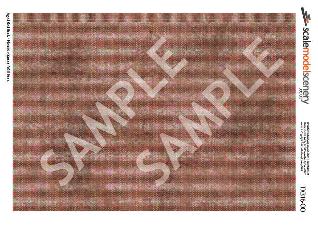 TX316-OO Aged Flemish Garden Wall Bond Red Brick Paper (Pack of 5) - OO/4mm/1:76