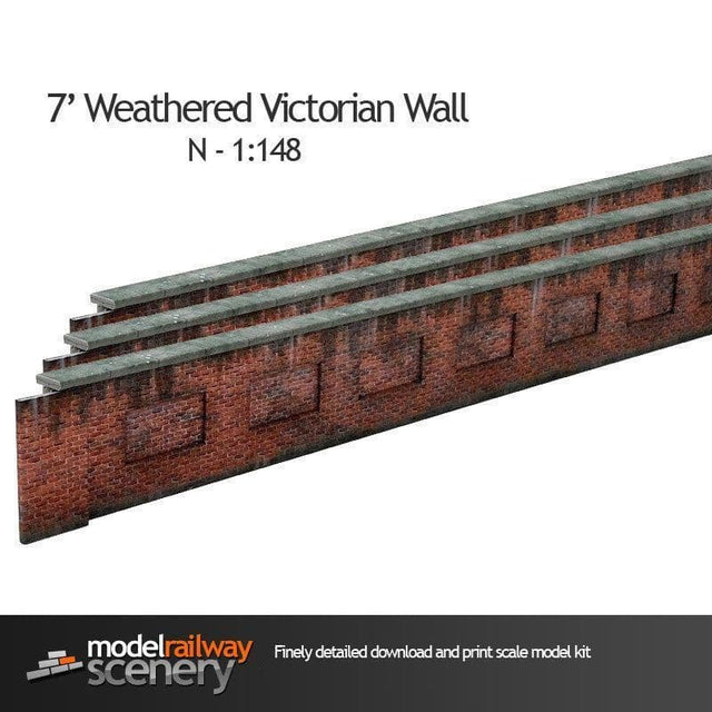 KX006-N 7' Victorian Red Brick Lineside Weathered Wall N/2mm/1:148