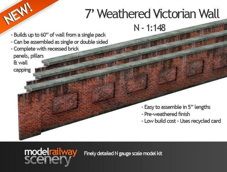 KX006-N 7' Victorian Red Brick Lineside Weathered Wall N/2mm/1:148