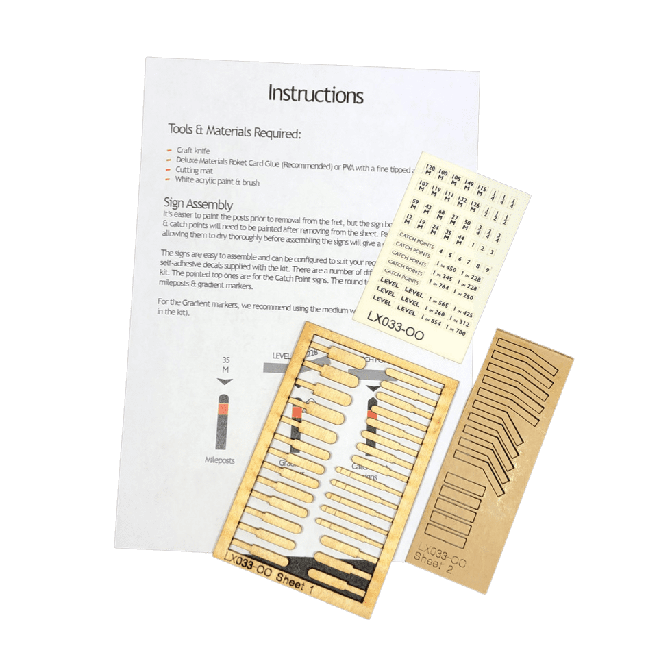 LX033-OO Mileposts, Gradient & Catch Points Signs (Pack of 29) - OO/4mm/1:76