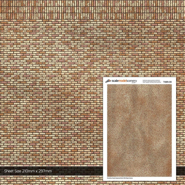 TX005-OO Industrial Brick With Black Mortar Texture Paper (Pack of 5) - OO/4mm/1:76