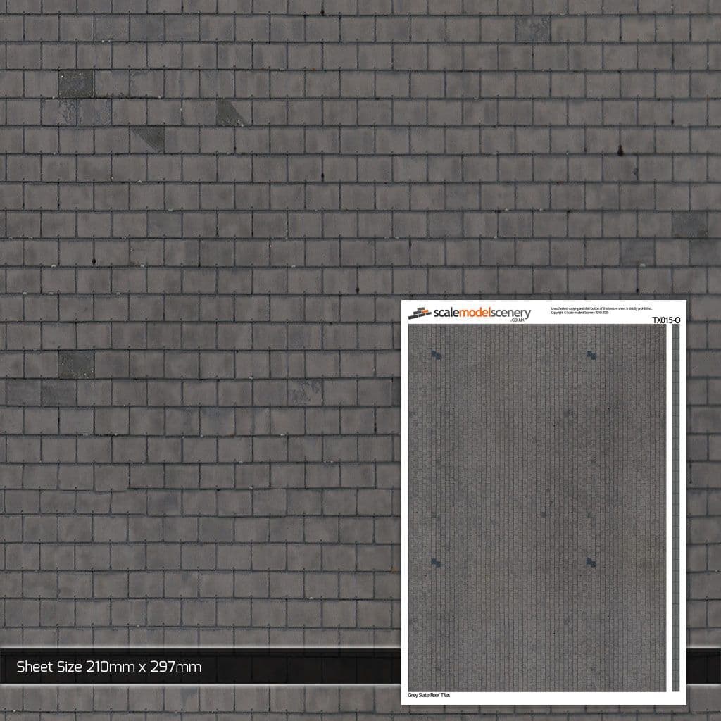 TX015-O Grey Slate Roof Tiles Lightly Weathered Texture Paper (Pack of 5) - O/7mm/1:43