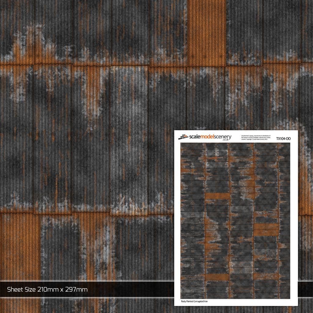 TX104-OO Rusty Black Painted & Weathered Corrugated Iron Texture Paper (Pack of 5) - OO/4mm/1:76