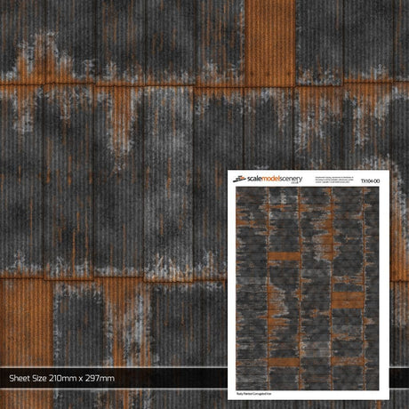 TX104-OO Rusty Black Painted & Weathered Corrugated Iron Texture Paper (Pack of 5) - OO/4mm/1:76