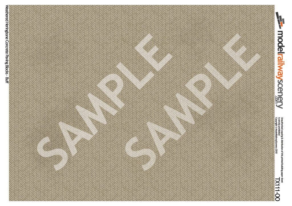 TX111-OO Weathered Herringbone Concrete Paving Blocks Buff Texture Paper (Pack of 5) - OO/4mm/1:76