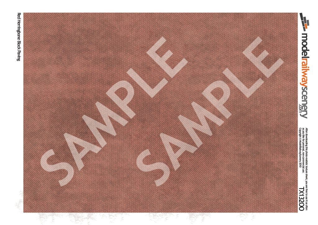 TX132-OO Red Herringbone Block Paving Texture Paper (Pack of 5) - OO/4mm/1:76