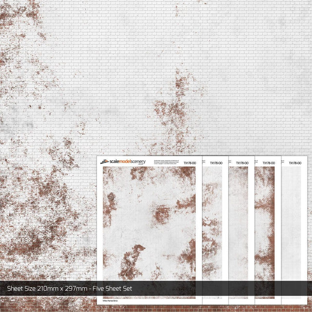 TX178-OO Weathered White Painted Brick Texture Paper (Pack of 5) - OO/4mm/1:76