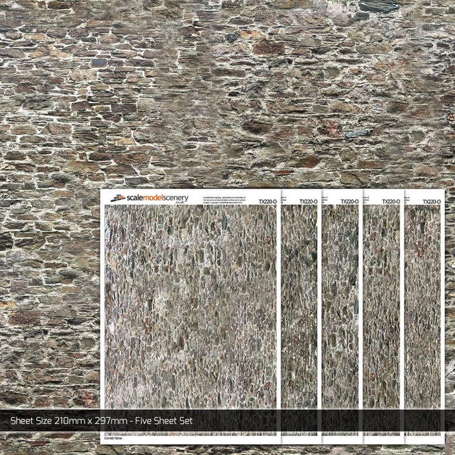 TX220-O Old Stone Wall Texture Paper (Pack of 5) - O/7mm/1:43