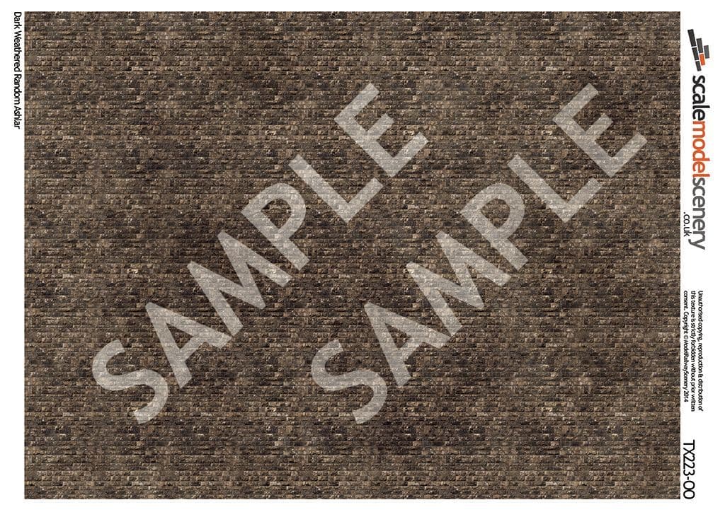 TX223-OO Dark Weathered Random Ashlar Brick Texture Paper (Pack of 5) - OO/4mm/1:76