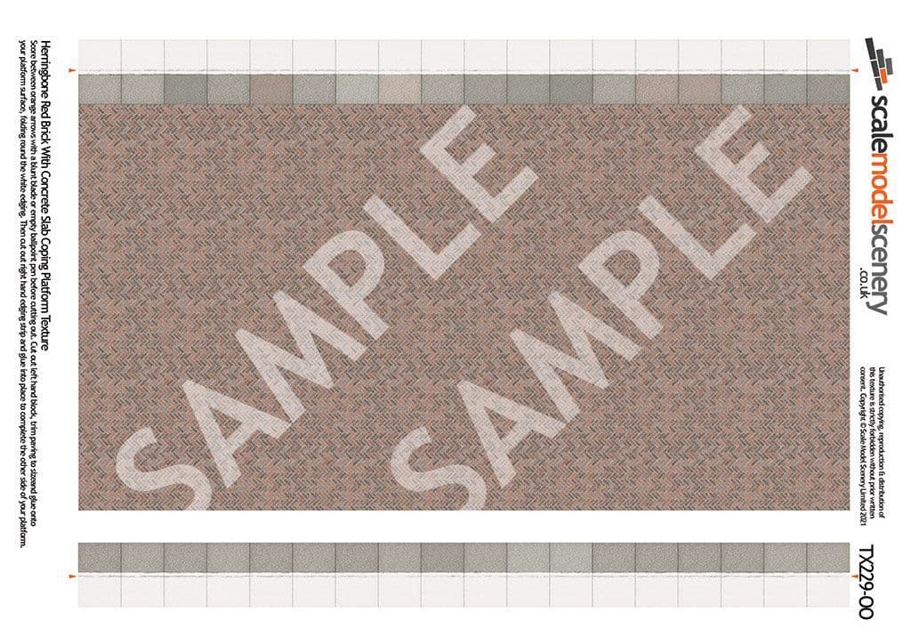 TX229-OO Herringbone Red Brick Platform Texture Sheets With Concrete Coping ( Pk of 5) OO/4mm/1:76