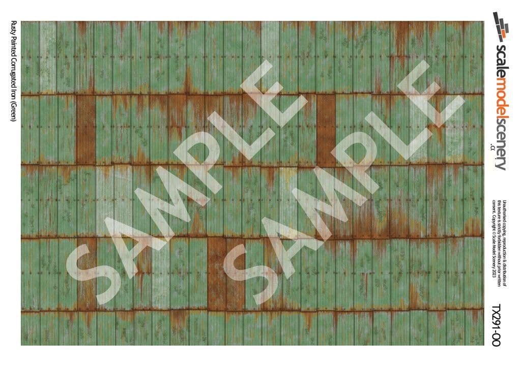 TX291-OO Rusty Green Painted & Weathered Corrugated Iron Texture Paper (Pack of 5) - OO/4mm/1:76