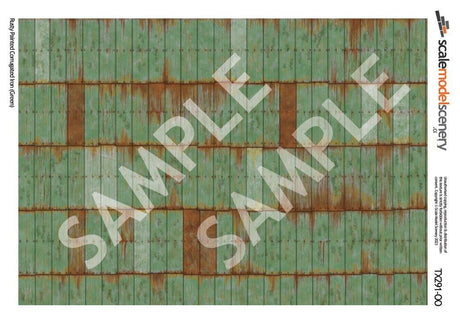 TX291-OO Rusty Green Painted & Weathered Corrugated Iron Texture Paper (Pack of 5) - OO/4mm/1:76