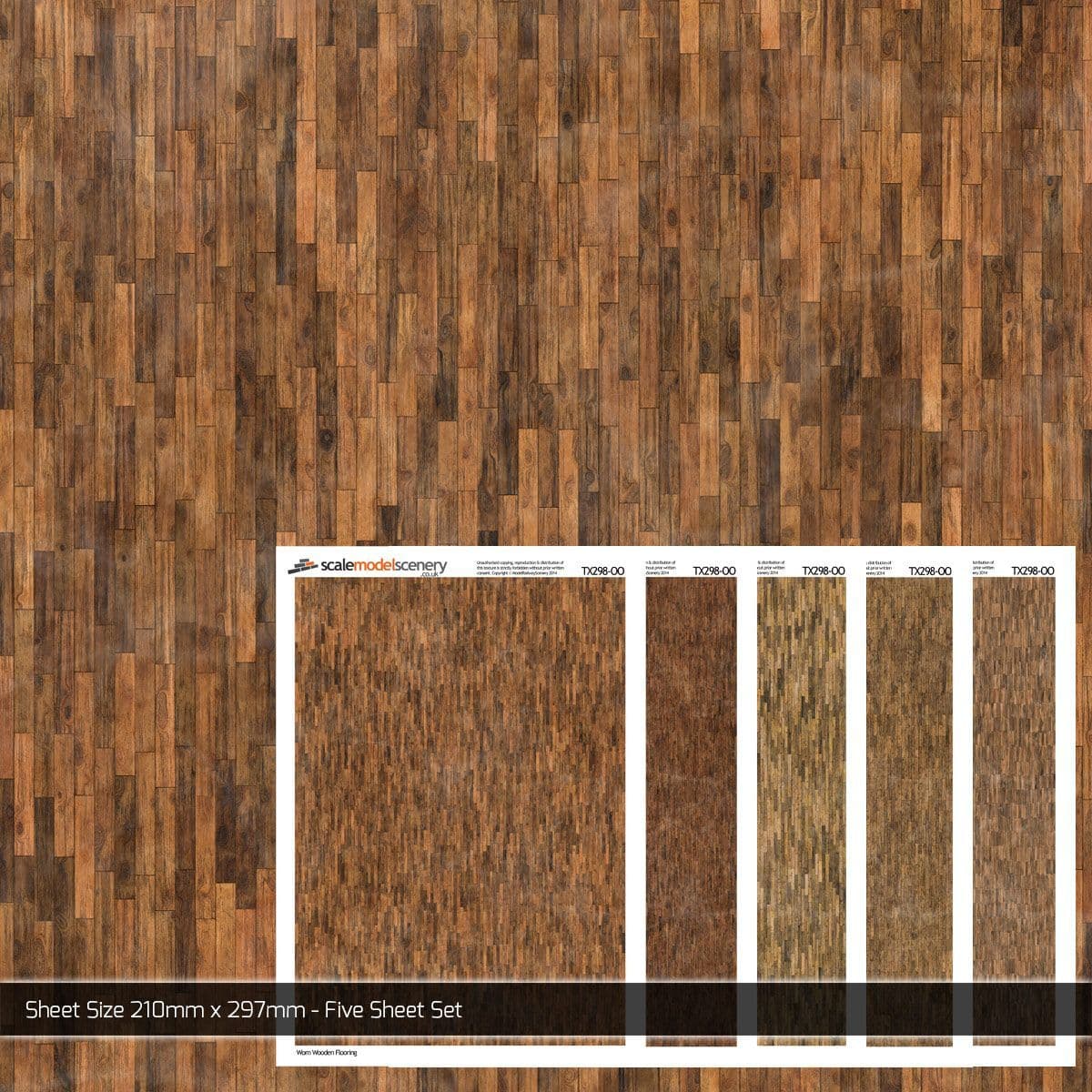 TX298-OO Worn Wooden Flooring Texture Paper (Pack of 5) - OO/4mm/1:76